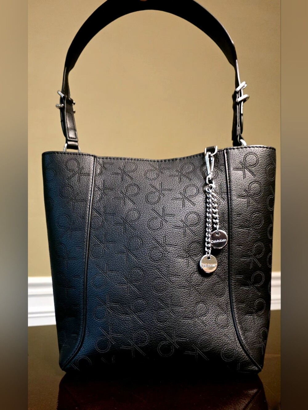 Calvin Klein Black Perforated CK Monogram Bucket Tote Bag